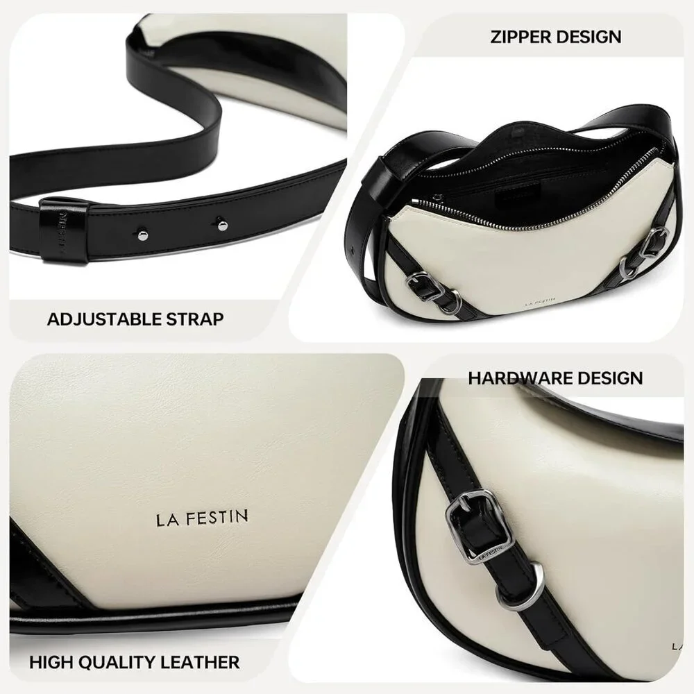 Women Cream White Soft Leather and polyester  Hobo Bag with Adjustable Strap
